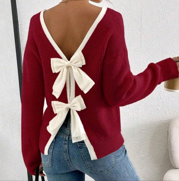 Women Casual Contrast Color Ribbed Trim Bow Decor Pullover Sweater - Picture 1 of 5